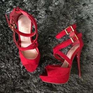 Red Faux Suede/Patent Heels